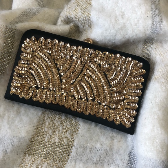 Vintage Handbags - Lefaye vintage sequin box purse/clutch black&gold